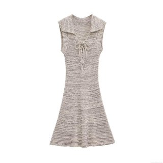 Elegant French Style Knitted Sleeveless Dress Women V-Neck Lapel Front Bow Tie Midi Dress Solid Color Slim Fit A-Line Knit Dress