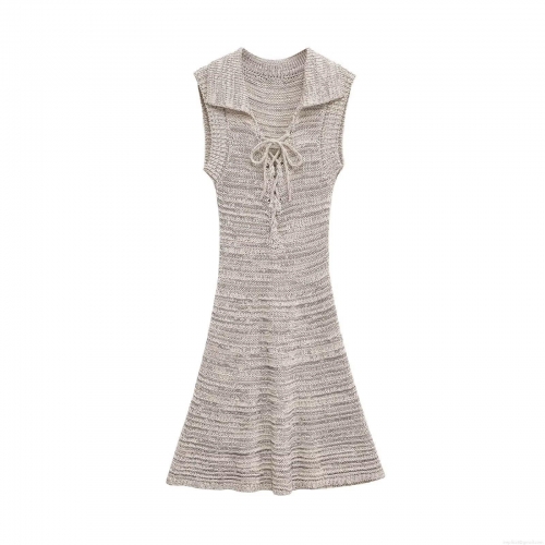 Elegant French Style Knitted Sleeveless Dress Women V-Neck Lapel Front Bow Tie Midi Dress Solid Color Slim Fit A-Line Knit Dress