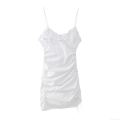 Women's White Ruched Spaghetti Strap Mini Dress Elegant V-Neck Bow Detail Drawstring Ruffle Summer 100% Polyester Woven Sexy Slim Party Vacation Dress