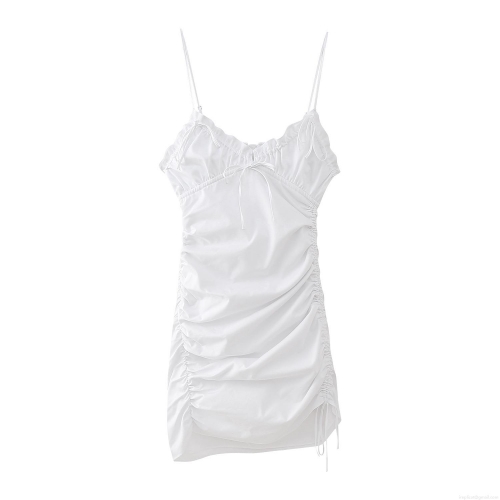 Women's White Ruched Spaghetti Strap Mini Dress Elegant V-Neck Bow Detail Drawstring Ruffle Summer 100% Polyester Woven Sexy Slim Party Vacation Dress