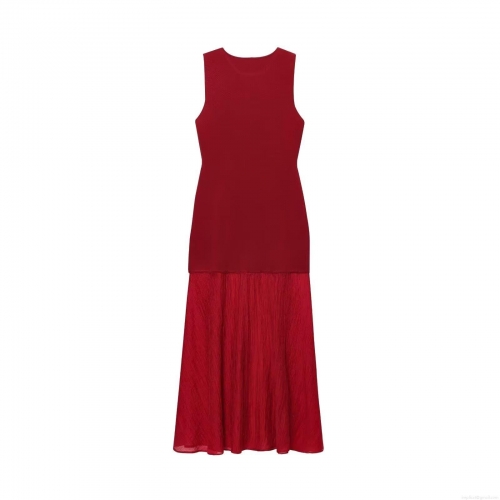 Women Elegant Sleeveless Maxi Dress Knitted Pleated Patchwork Round Neck Long Dress For Party Dating Office Lady Casual Streetwear