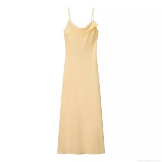 Women's Elegant Light Yellow Satin Camisole Maxi Dress Cowl Neck Backless Tie Up Spaghetti Strap Sexy Solid Color Sleeveless Party Evening Long Dress