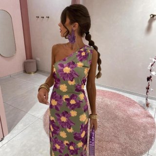 Women's One Shoulder Floral Maxi Dress Polyester Blend Backless Ruched Large Daisy Print Vacation Party Elegant Sexy Long Dress
