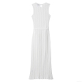 Elegant White Sleeveless Knit Maxi Dress With Belt Women's Round Neck Jacquard Mesh Hollow Out Long Dress For Summer Party Vacation