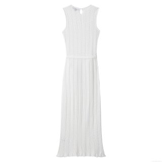Elegant White Sleeveless Knit Maxi Dress With Belt Women's Round Neck Jacquard Mesh Hollow Out Long Dress For Summer Party Vacation