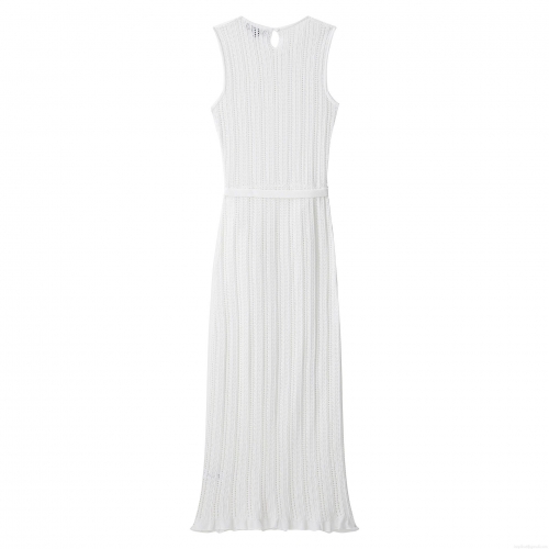Elegant White Sleeveless Knit Maxi Dress With Belt Women's Round Neck Jacquard Mesh Hollow Out Long Dress For Summer Party Vacation