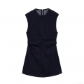 Women's Sleeveless Round Neck Dark Blue Denim Mini Dress With Back Zipper Waist Pleats Contrast Stitching Casual Elegant Short Dress For Summer Party