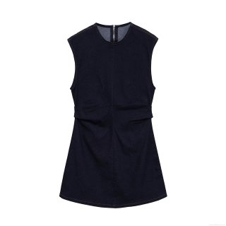 Women's Sleeveless Round Neck Dark Blue Denim Mini Dress With Back Zipper Waist Pleats Contrast Stitching Casual Elegant Short Dress For Summer Party