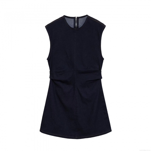 Women's Sleeveless Round Neck Dark Blue Denim Mini Dress With Back Zipper Waist Pleats Contrast Stitching Casual Elegant Short Dress For Summer Party