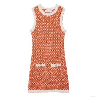 Women's Contrast Color Knitted Mini Dress Sleeveless Round Neck Elegant Textured Bodycon Dress With Decorative Metal Buttons For Party