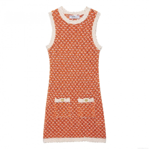 Women's Contrast Color Knitted Mini Dress Sleeveless Round Neck Elegant Textured Bodycon Dress With Decorative Metal Buttons For Party