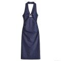Women's Elegant Halter Neck Maxi Dress Denim Texture Cutout Backless Evening Party Solid Blue Long Dress with Silver Metal Ring Detail