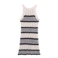 Women's Halter Neck Crochet Knitted Mini Dress Sexy Hollow Out Striped Sleeveless Backless Bodycon Club Beach Party Dresses