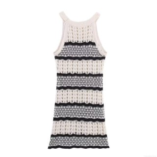 Women's Halter Neck Crochet Knitted Mini Dress Sexy Hollow Out Striped Sleeveless Backless Bodycon Club Beach Party Dresses