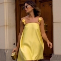 Women Yellow Satin Sling Mini Dress With 3D Flower Straps Elegant A-Line Backless Party Evening Socialite Sleeveless Short Dress
