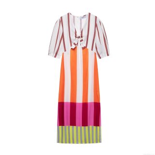 Women's Elegant Color Block Striped V-Neck Bow Tie Short Sleeve Maxi Dress Polyester Slim Fit Casual Vacation Summer Long Dress
