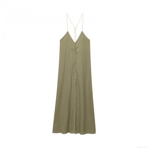 Women's Loose Linen Blend Camisole Midi Dress V-Neck Sleeveless Fringe Detail Olive Green Casual Vacation Summer Long Dress For Women