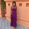 Women's Elegant Halter Neck Maxi Dress Sexy Backless Tiered Ruffle Polyester Sleeveless Cutout Twist Front Long Dress For Evening Party Wedding Vacation