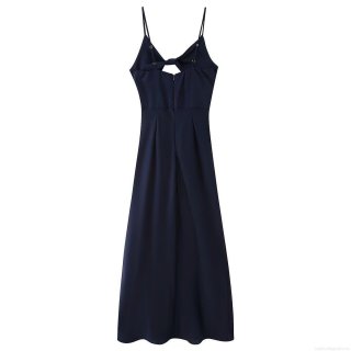 Women Elegant Navy Blue Satin Polyester Maxi Dress Backless Knot Hollow Out V-Neck Sleeveless Evening Party Prom Long Dress