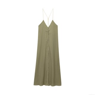 Women's Loose Linen Blend Midi Dress V-Neck Sleeveless Cami Long Dress With Tassel Hem Detail For Summer Vacation Beach Elegant Olive Green Sun Dress
