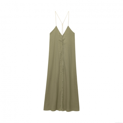 Women's Loose Linen Blend Midi Dress V-Neck Sleeveless Cami Long Dress With Tassel Hem Detail For Summer Vacation Beach Elegant Olive Green Sun Dress