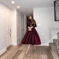 Women's Elegant Sequin Patchwork Maxi Dress Long Sleeve Formal Evening Party Gown Semi-High Neck A-Line Satin Skirt Burgundy Banquet Dress