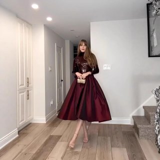 Women's Elegant Sequin Patchwork Maxi Dress Long Sleeve Formal Evening Party Gown Semi-High Neck A-Line Satin Skirt Burgundy Banquet Dress