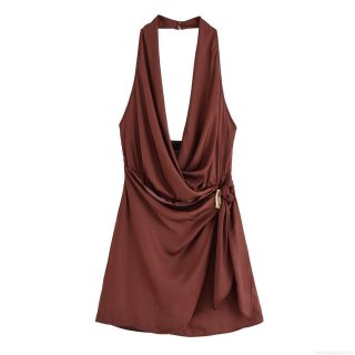 Women Sexy Halter V Neck Satin Dress With Gold Metal Buckle Elegant Backless Sleeveless Mini Dress Party Club Evening Deep Brown Short Dress
