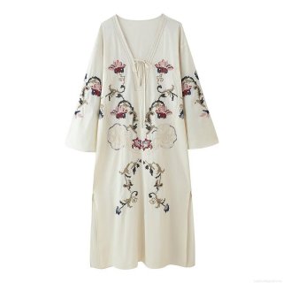 Women's Embroidered Maxi Dress Cotton Linen Texture V-Neck Tie-Up Long Sleeve Side Slit Bohemian Floral Long Dress For Vacation Party