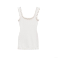 Elegant Mercerized Cotton Knitted Mini Dress Ruffle Strap Pearl Beaded Sleeveless Slim Fit Party Dress White Bodycon Sundress For Ladies