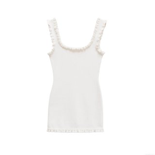 Elegant Mercerized Cotton Knitted Mini Dress Ruffle Strap Pearl Beaded Sleeveless Slim Fit Party Dress White Bodycon Sundress For Ladies
