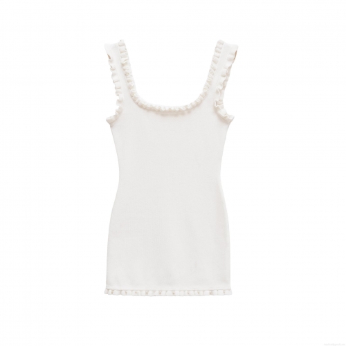 Elegant Mercerized Cotton Knitted Mini Dress Ruffle Strap Pearl Beaded Sleeveless Slim Fit Party Dress White Bodycon Sundress For Ladies