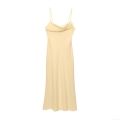 Women's Elegant Midi Slip Dress Slub Cotton Linen Blend Cowl Neck Spaghetti Strap Backless Tie-Up Solid Color Minimalist Summer Party Vacation Dress