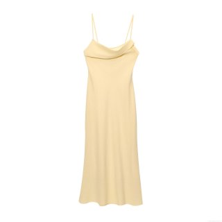 Women's Elegant Midi Slip Dress Slub Cotton Linen Blend Cowl Neck Spaghetti Strap Backless Tie-Up Solid Color Minimalist Summer Party Vacation Dress