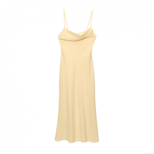 Women's Elegant Midi Slip Dress Slub Cotton Linen Blend Cowl Neck Spaghetti Strap Backless Tie-Up Solid Color Minimalist Summer Party Vacation Dress