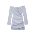 Elegant Women's Off-the-Shoulder Ruched Mini Dress Solid Color Long Sleeve Bodycon Dress Cotton Polyester Blend Party Evening Clubwear