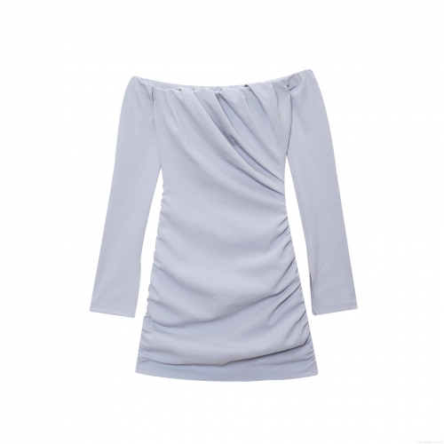 Elegant Women's Off-the-Shoulder Ruched Mini Dress Solid Color Long Sleeve Bodycon Dress Cotton Polyester Blend Party Evening Clubwear