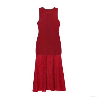 Women's Elegant Red Sleeveless Maxi Dress Polyester Knit Pleated Splicing Long Dress For Party Evening Summer Slim Fit Temperament Socialite Style Dress