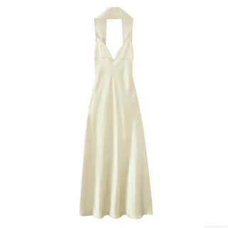 Elegant Women Satin Halter Maxi Dress Deep V Neck Backless Sexy Evening Party Dress Wedding Guest Vacation Long Dress Champagne Solid Color