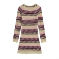 Women Wave Striped Knit Dress Color Block Long Sleeve Crochet Hollow Out Slim Fit Mini Dress Pink Purple Green Elegant Party Wear