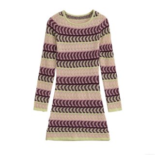 Women Wave Striped Knit Dress Color Block Long Sleeve Crochet Hollow Out Slim Fit Mini Dress Pink Purple Green Elegant Party Wear