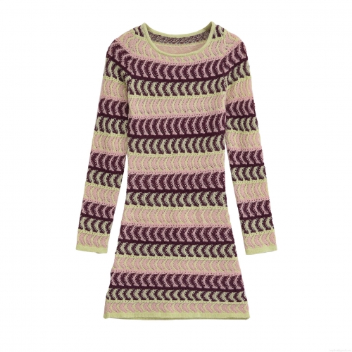 Women Wave Striped Knit Dress Color Block Long Sleeve Crochet Hollow Out Slim Fit Mini Dress Pink Purple Green Elegant Party Wear