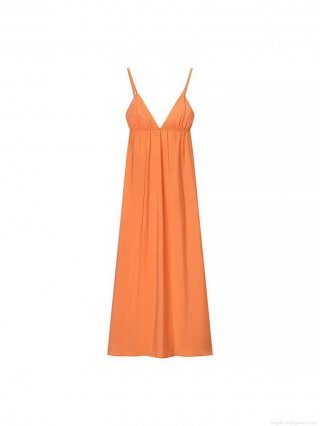 Women Elegant Orange Satin Spaghetti Strap Backless Maxi Dress Sexy V-Neck Lace Up Pleated Summer Vacation Party Socialite Midi Dress