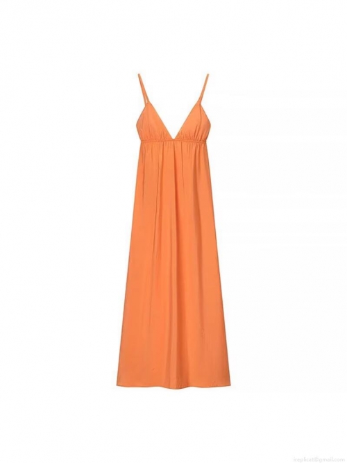 Women Elegant Orange Satin Spaghetti Strap Backless Maxi Dress Sexy V-Neck Lace Up Pleated Summer Vacation Party Socialite Midi Dress