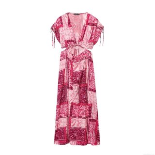 Women Bohemian Paisley Print Maxi Dress V-Neck Sleeveless Waist Hollow Out Tie Detail Summer Beach Party Long Dress