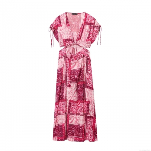 Women Bohemian Paisley Print Maxi Dress V-Neck Sleeveless Waist Hollow Out Tie Detail Summer Beach Party Long Dress