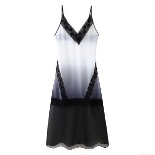 Sexy Women V Neck Spaghetti Strap Maxi Dress Elegant Black White Gradient Lace Patchwork Satin Slip Dress For Party Date Night