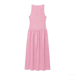 Women's Pink White Gingham Smocked Midi Dress Sleeveless Round Neck Seersucker A-Line Long Sundress For Summer Vacation Daily Party Lady
