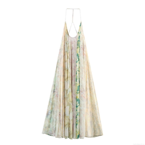 Women's Floral Print Patchwork Maxi Dress Sexy V-Neck Spaghetti Strap Pleated Chiffon Long Sundress For Summer Beach Vacation Party Elegant Bohemian Style