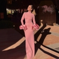 Women Elegant Pink Bodycon Maxi Dress Satin Puff Sleeve High Neck Evening Gown Floor Length Cocktail Party Prom Slim Fit Long Dress For Ladies